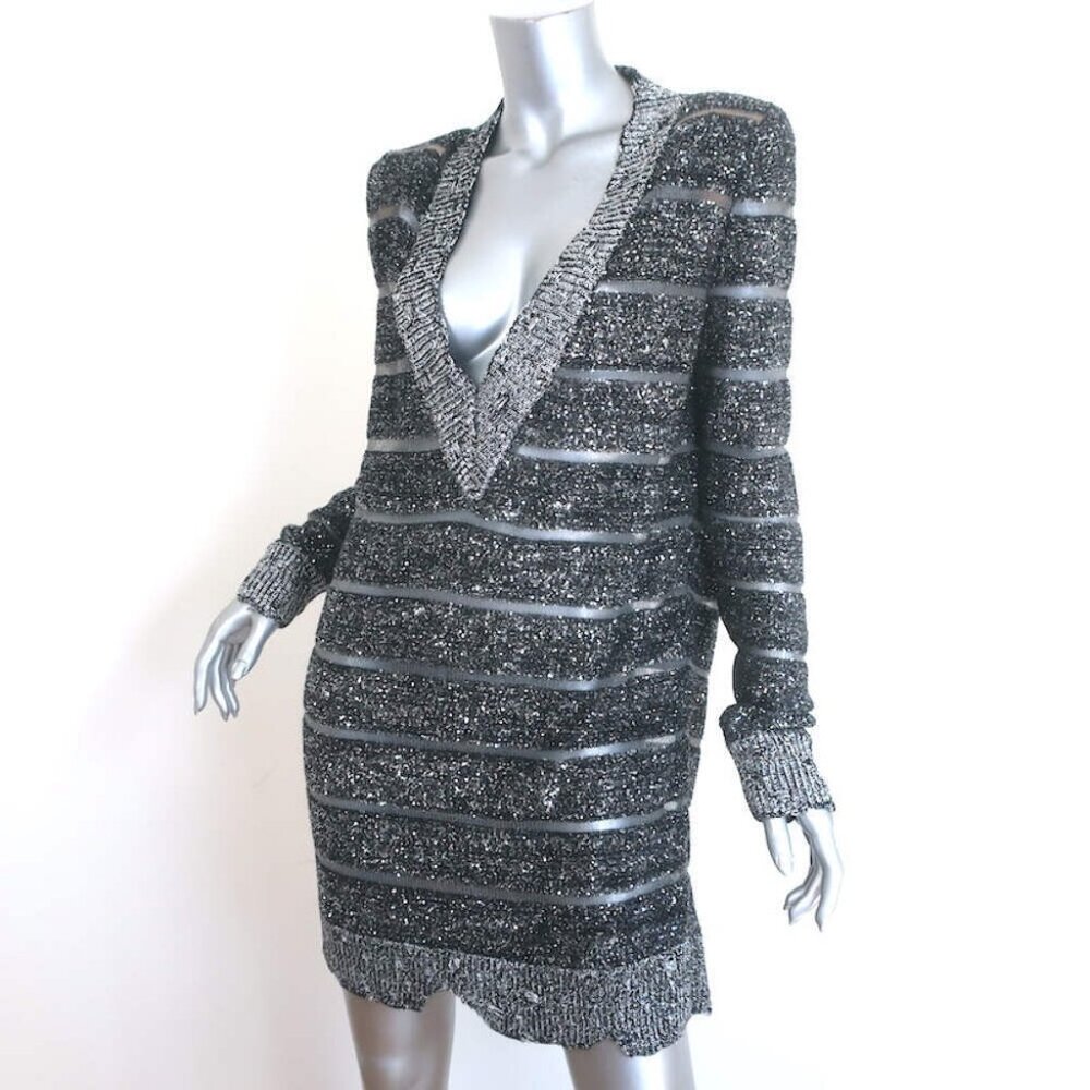 Balmain Sequined Striped Distressed Knit Mini Sweater Dress Black/Silver Size 36 - Picture 3 of 8